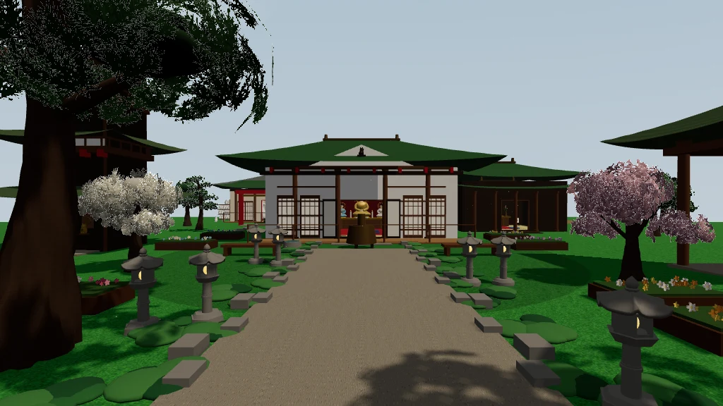 Ancestor Places: the path up to a temple, lanterns and blossom either side.