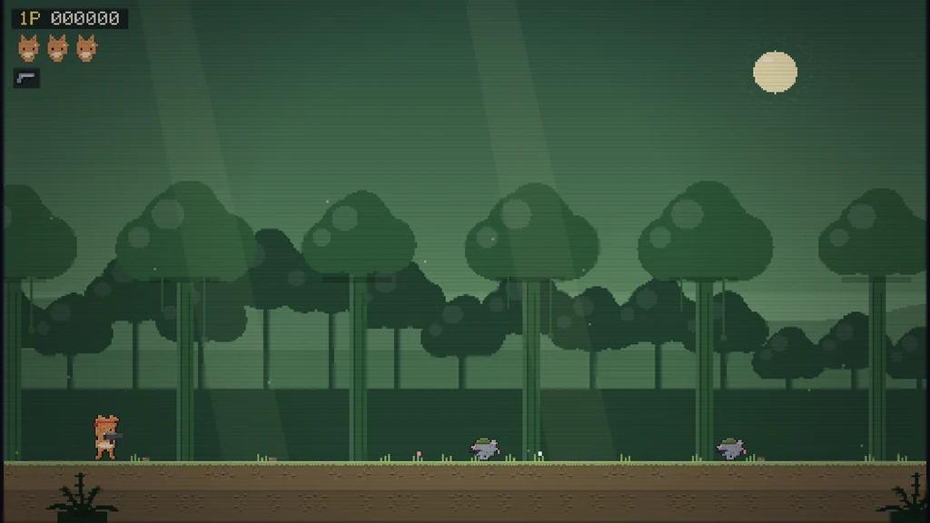 Meowtra: the cat on the Forest Edge platform with mouser enemies and the score readout.