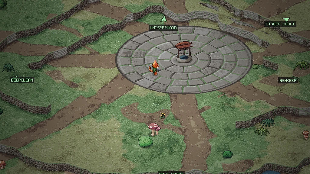 Mossfall: the isometric overworld, the cat in his green cloak on the stone plaza where the paths to the five gates meet.