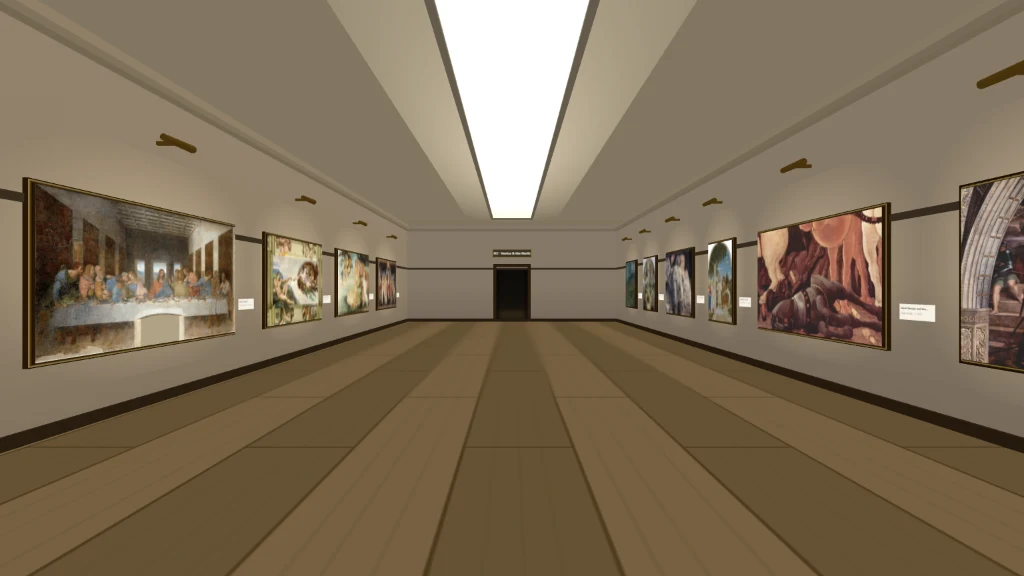 Virtual Museum: a gallery hall hung with public-domain paintings.