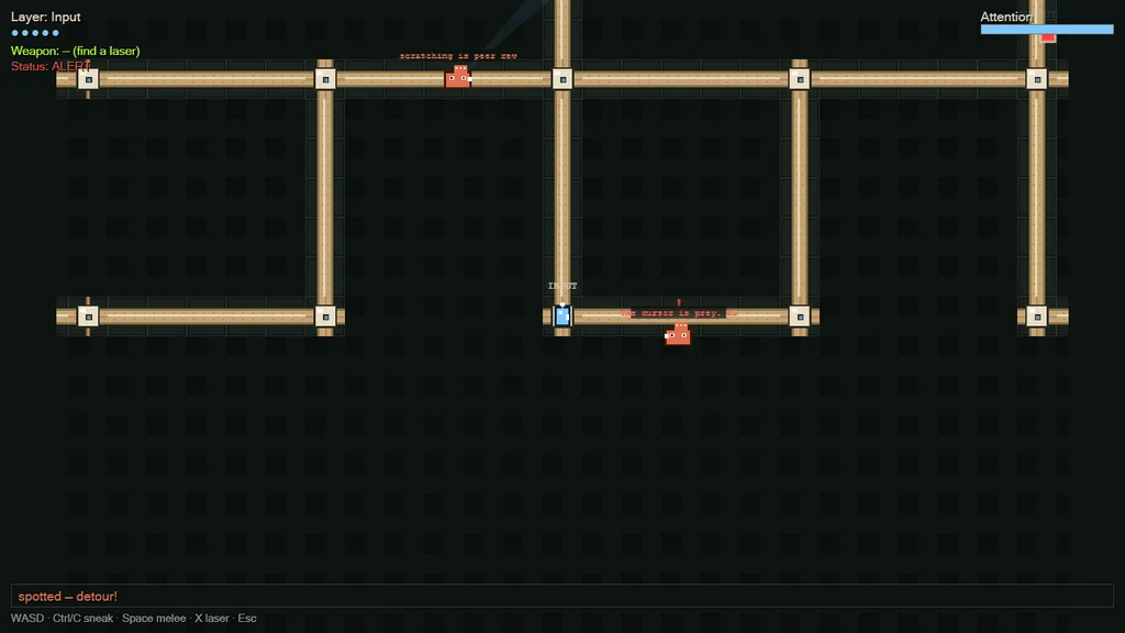 Thought Explorer: lit corridors of the neural labyrinth with the signal climbing toward Output.