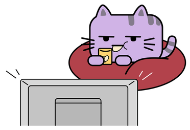 Toastah watching television from a cushion, drink in paw
