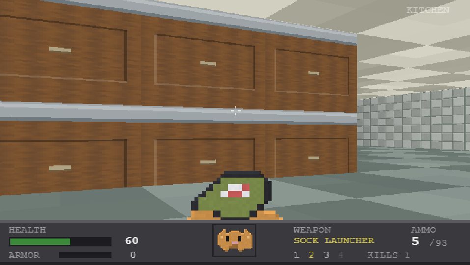 Scratch Boom on the Meowputer: the sock launcher in a kitchen, health and ammo on the bar.
