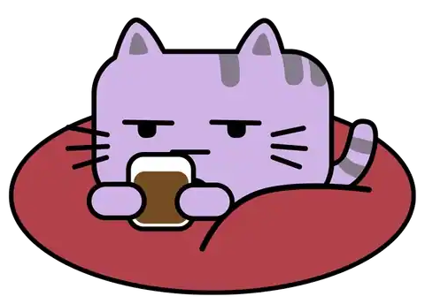 Toastah on his red cushion, holding a mug, unimpressed